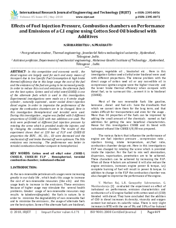 (PDF) Effects of Fuel Injection Pressure, Combustion chambers on