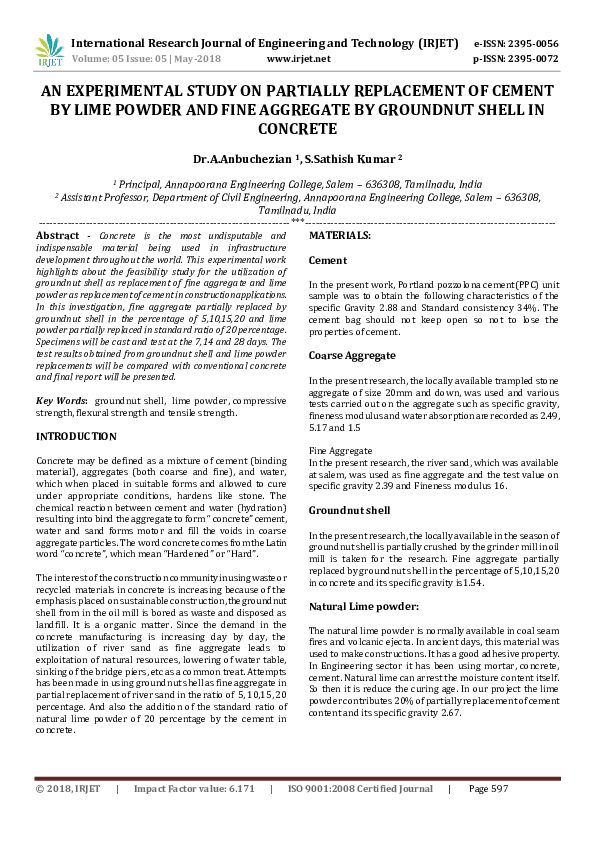 (PDF) AN EXPERIMENTAL STUDY ON PARTIALLY REPLACEMENT OF CEMENT BY LIME