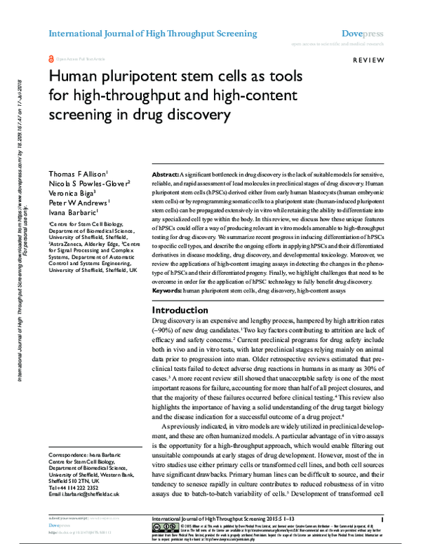 (PDF) Human pluripotent stem cells as tools for high-throughput and ...