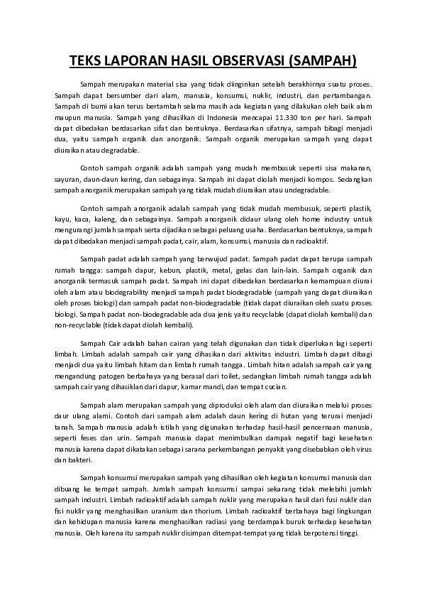 Contoh Teks Laporan Hasil Observasi Singkat Tentang Sampah