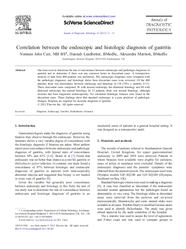 (PDF) Correlation between the endoscopic and histologic diagnosis of