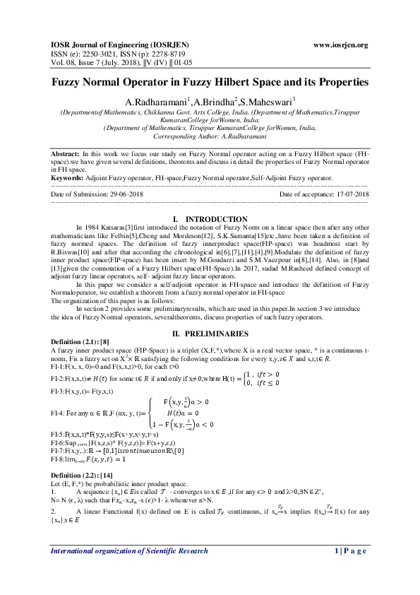 (PDF) Fuzzy Normal Operator in Fuzzy Hilbert Space and its Properties