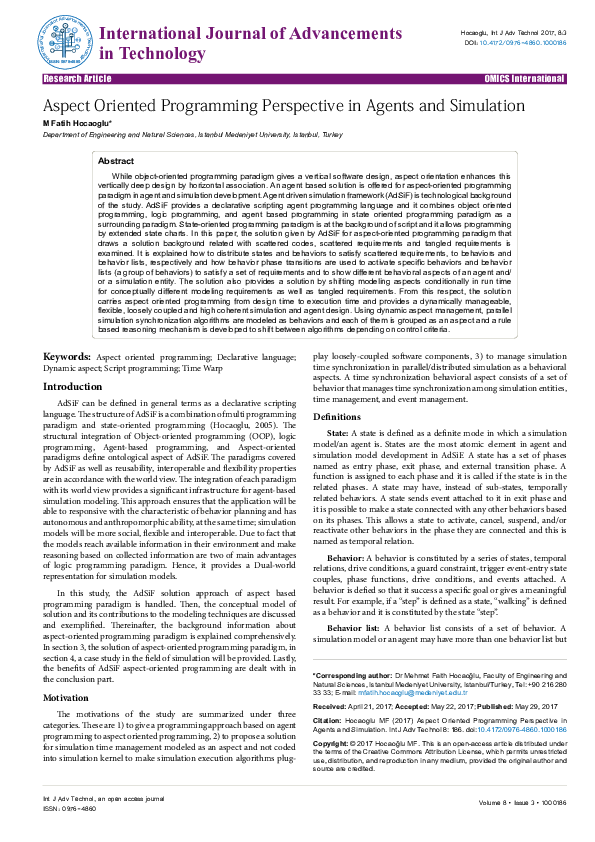 (PDF) Aspect Oriented Programming Perspective in Agents and Simulation