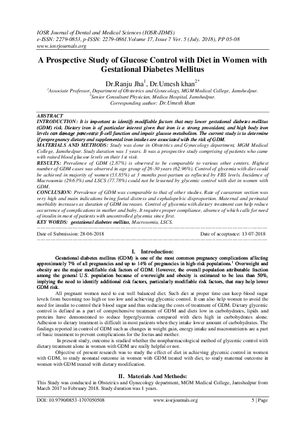 (PDF) A Prospective Study of Glucose Control with Diet in Women with ...