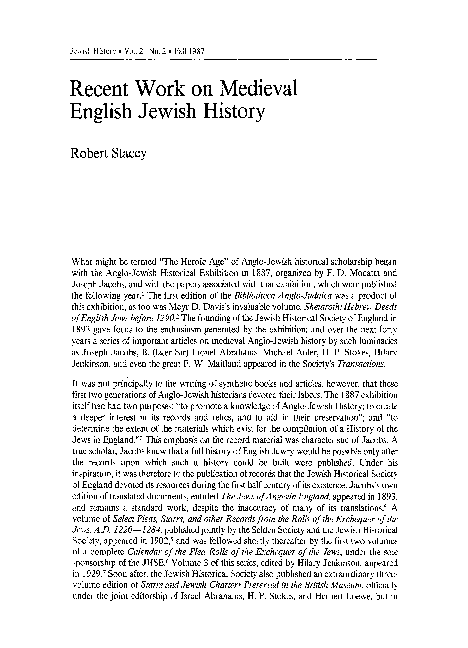 Robert C. Stacey, “Recent Work on Medieval English Jewish History,” Jewish History 2:2 (Fall 1987): 61-72
