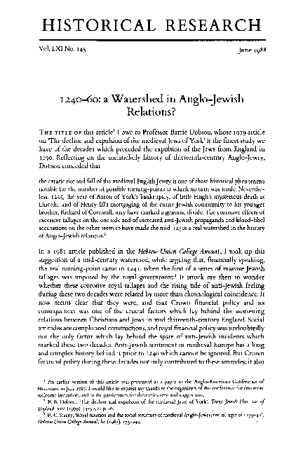 Robert C. Stacey, “1240-1260: A Watershed in Anglo-Jewish Relations?” Historical Research (formerly the BIHR), no. 61 (June 1988): 135-150