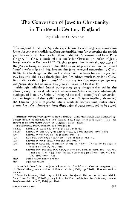 Robert C. Stacey, “The Conversion of Jews to Christianity in Thirteenth-Century England,” Speculum, vol. 67, no. 2 (April 1992): 263-283