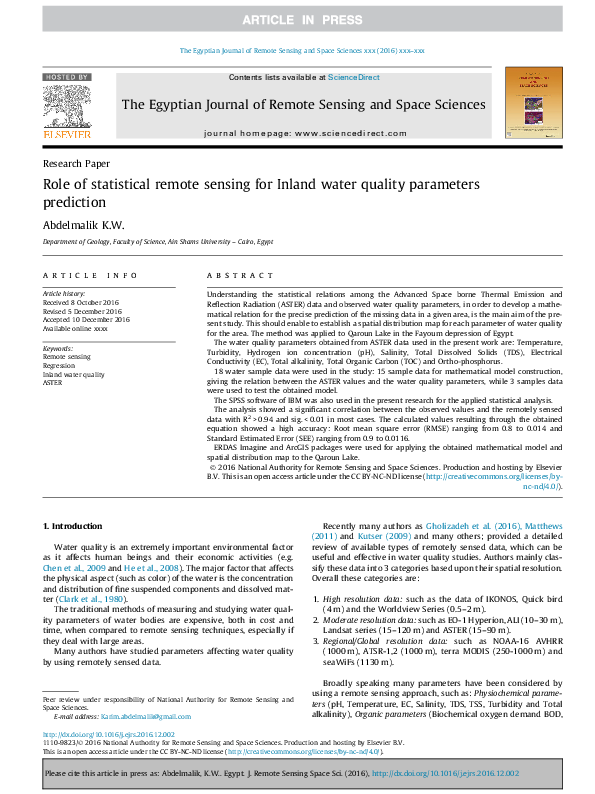 (PDF) Role of statistical remote sensing for Inland water quality ...