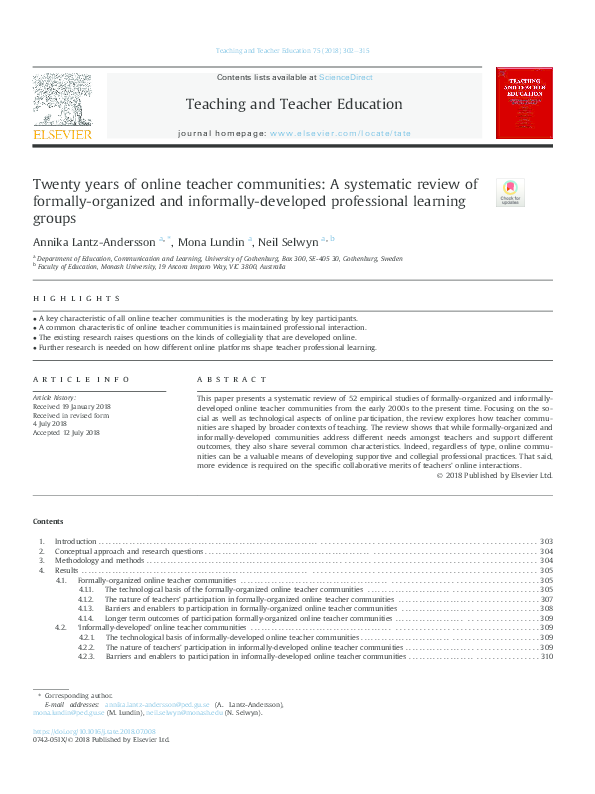 (PDF) Twenty years of online teacher communities: A systematic review ...