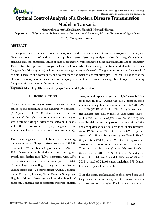 (PDF) Optimal Control Analysis of a Cholera Disease Transmission Model ...