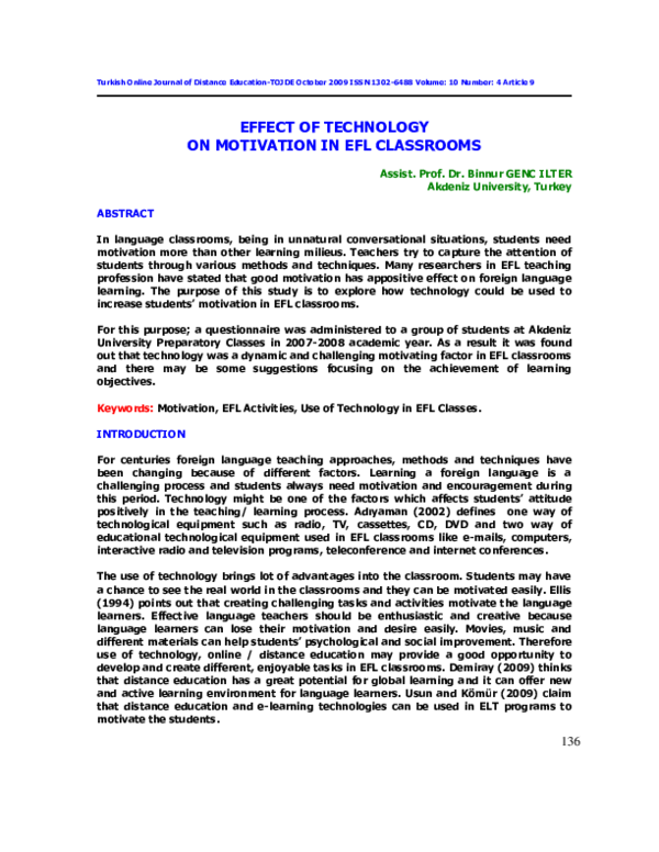 (PDF) EFFECT OF TECHNOLOGY ON MOTIVATION IN EFL CLASSROOMS