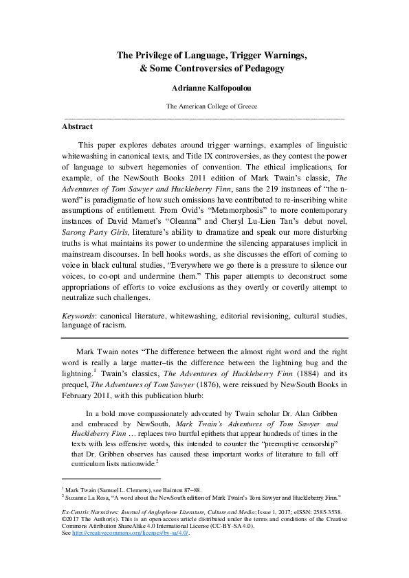 (PDF) The Privilege of Language, Trigger Warnings, & Some Controversies ...