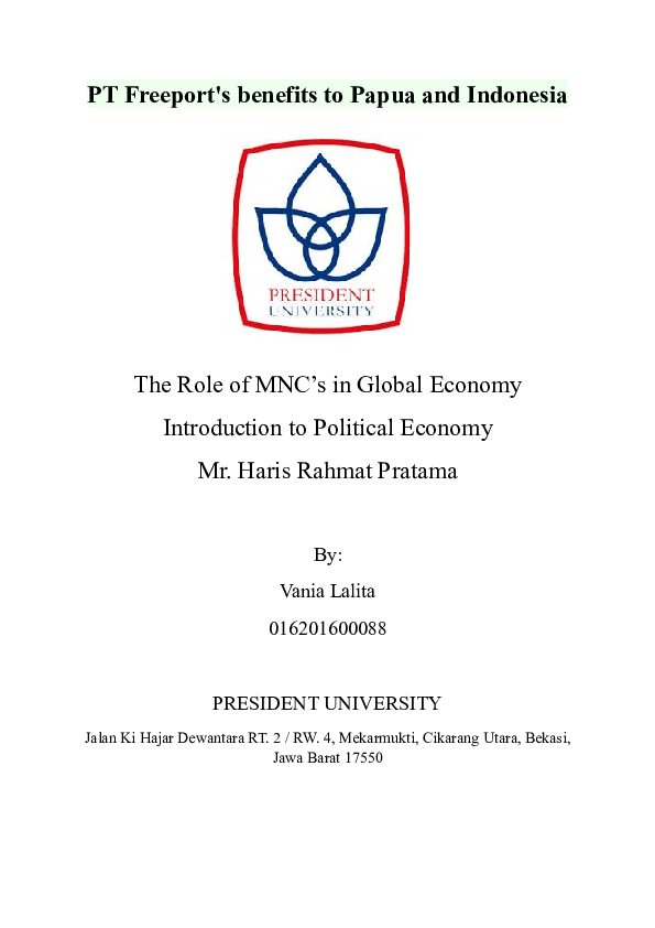 (DOC) PT Freeport's benefits to Papua and Indonesia Vania Lalita