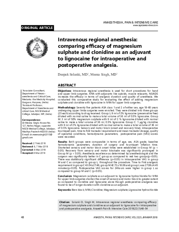 (PDF) Intravenous regional anesthesia comparing efficacy of magnesium