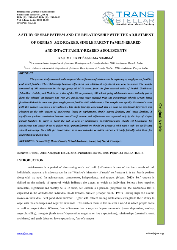 (PDF) A STUDY OF SELF ESTEEM AND ITS RELATIONSHIP WITH THE ADJUSTMENT ...