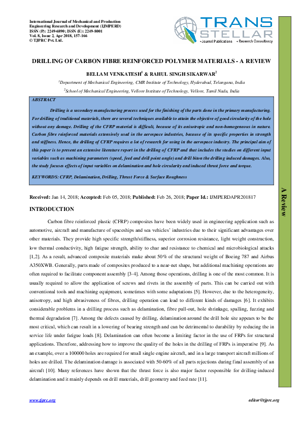 (PDF) DRILLING OF CARBON FIBRE REINFORCED POLYMER MATERIALS -A REVIEW