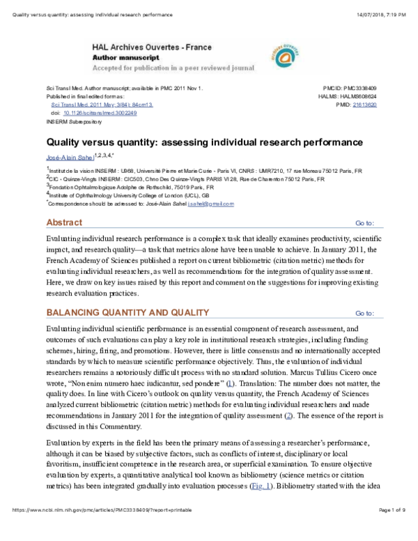(PDF) Quality versus quantity: assessing individual research performance