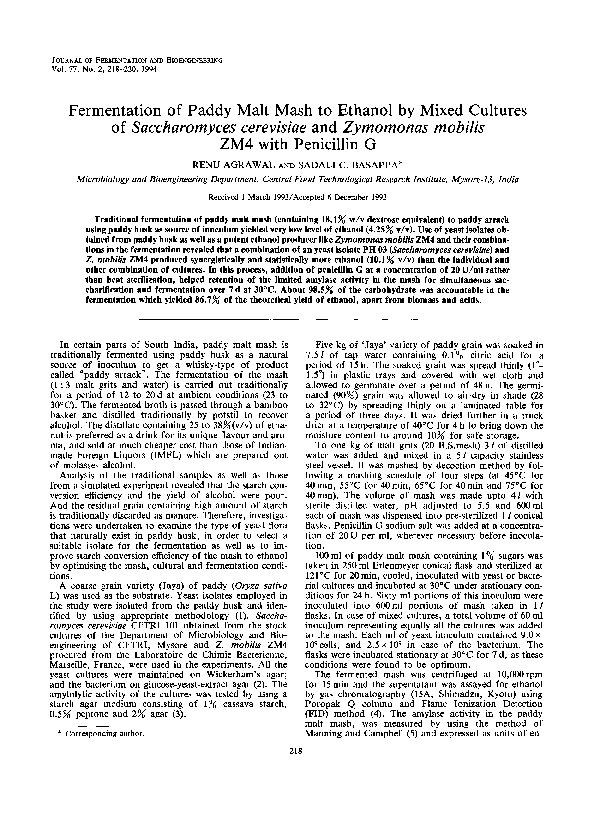 (PDF) Fermentation of paddy malt mash to ethanol by mixed cultures of ...