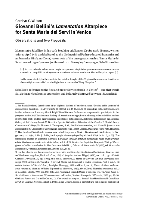 Giovanni Bellini's Lamentation Altarpiece for Santa Maria dei Servi in Venice Observations and Two Proposals