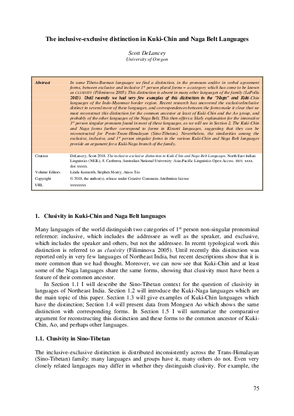 (PDF) The inclusive-exclusive distinction in Kuki-Chin and Naga Belt ...