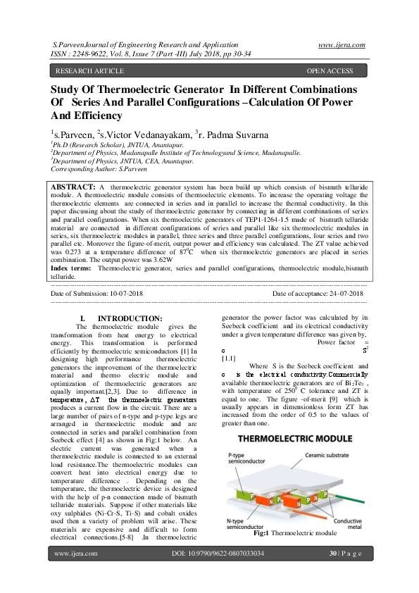 (PDF) Study Of Thermoelectric Generator In Different Combinations Of