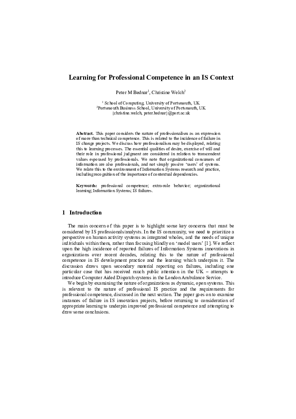 (PDF) Learning for Professional Competence in an IS Context Christine Welch and Peter Bednar