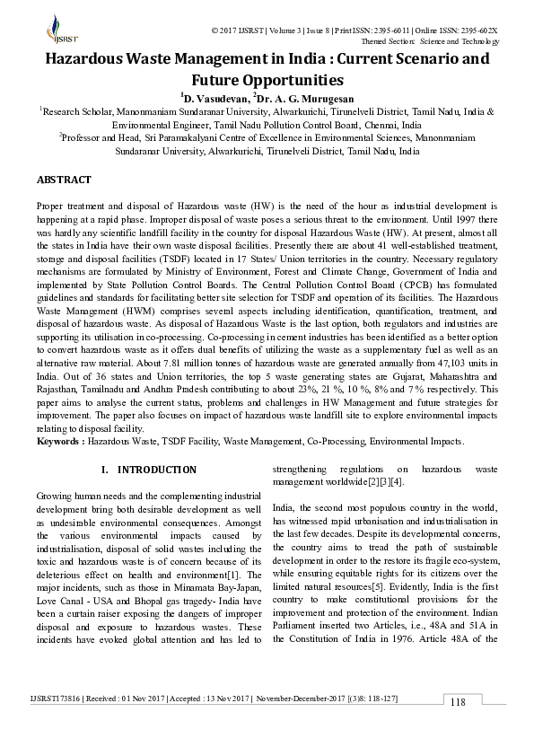 (PDF) Hazardous Waste Management in India Current Scenario and Future