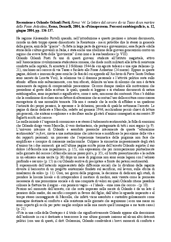 (PDF) Recensione a Orlando Orlandi Posti Roma '44.pdf Massimo Baioni