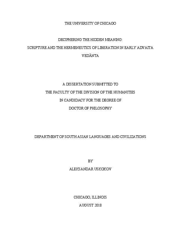 First page of “Deciphering the Hidden Meaning: Scripture and the Hermeneutics of Liberation in Early Advaita Vedanta”