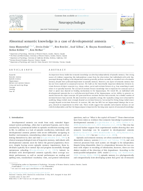 (PDF) Abnormal semantic knowledge in a case of developmental amnesia