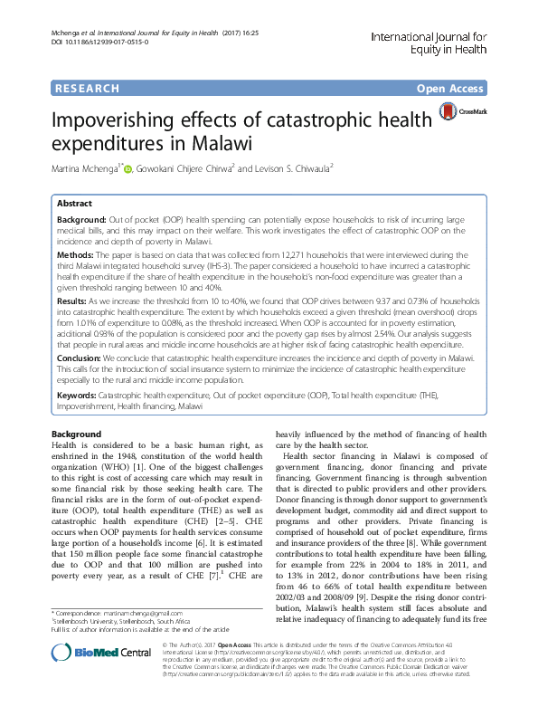 (PDF) Impoverishing effects of catastrophic health expenditures in Malawi