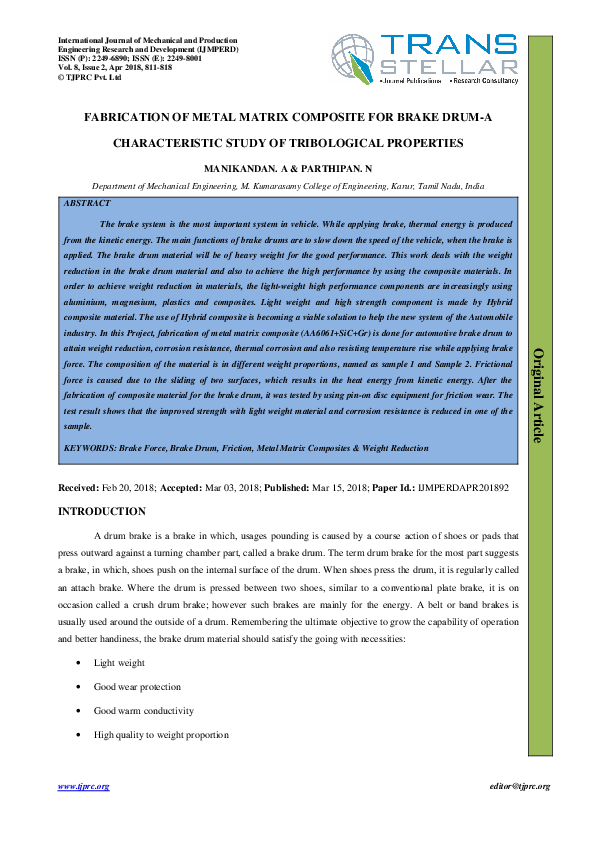 (PDF) FABRICATION OF METAL MATRIX COMPOSITE FOR BRAKE DRUM-A ...