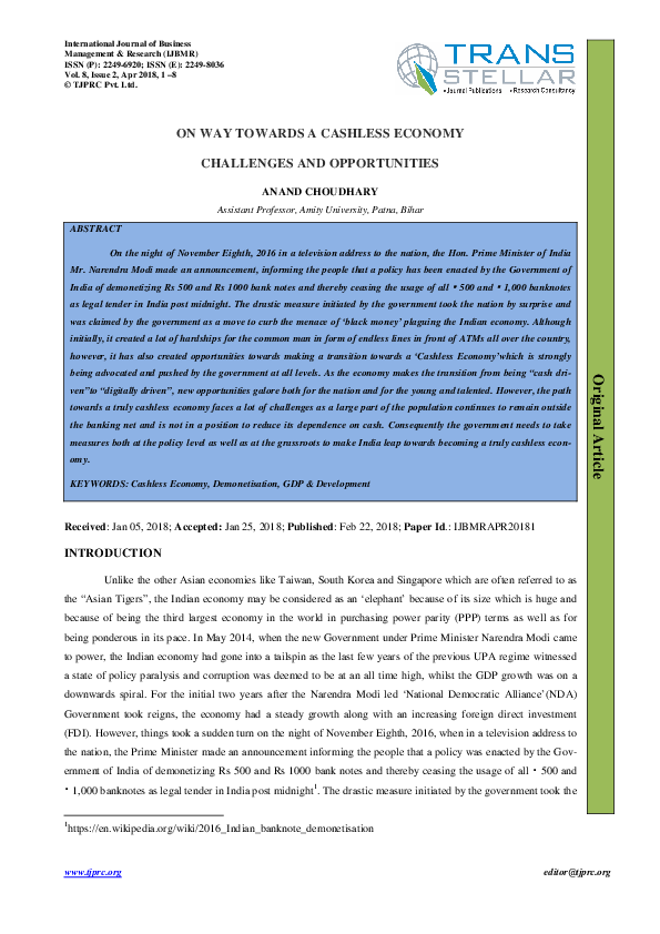 (PDF) ON WAY TOWARDS A CASHLESS ECONOMY CHALLENGES AND OPPORTUNITIES