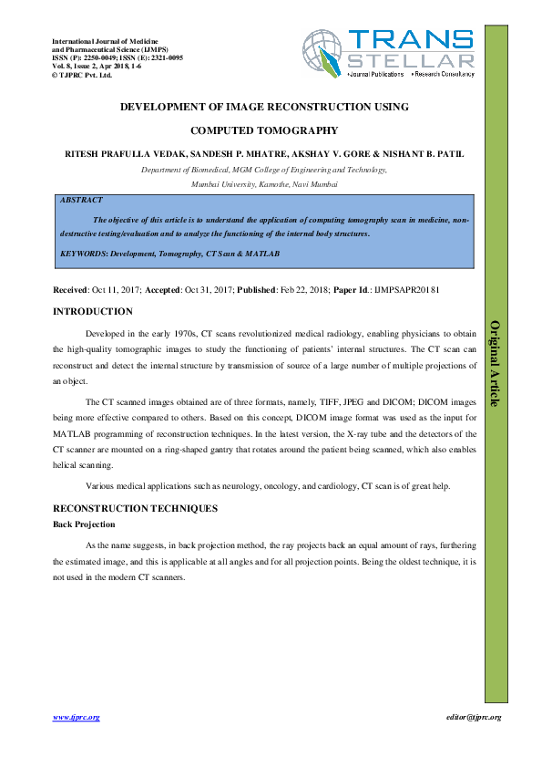 (PDF) DEVELOPMENT OF IMAGE RECONSTRUCTION USING COMPUTED TOMOGRAPHY