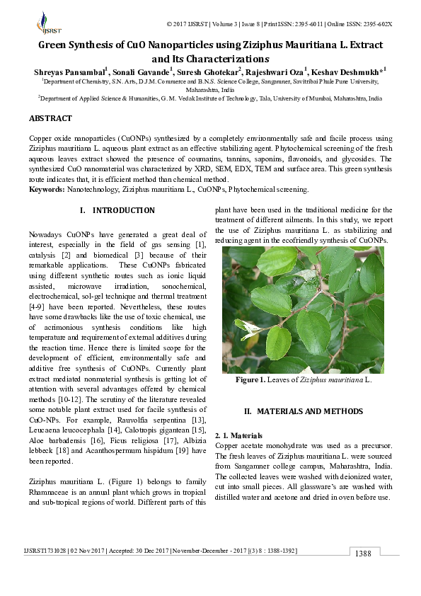 (PDF) Green Synthesis of CuO Nanoparticles using Ziziphus Mauritiana L ...