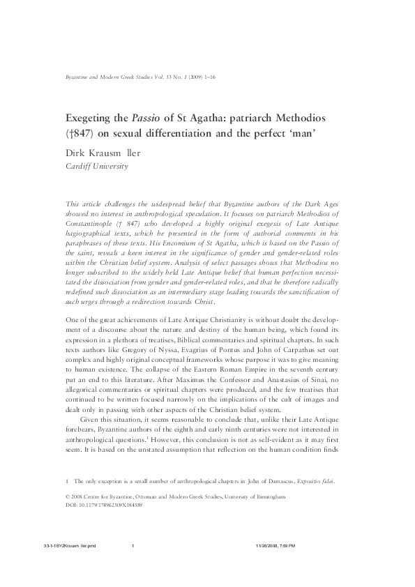 Exegeting the Passio of St Agatha: patriarch Methodios ( 847) on sexual differentiation and the perfect 'man'