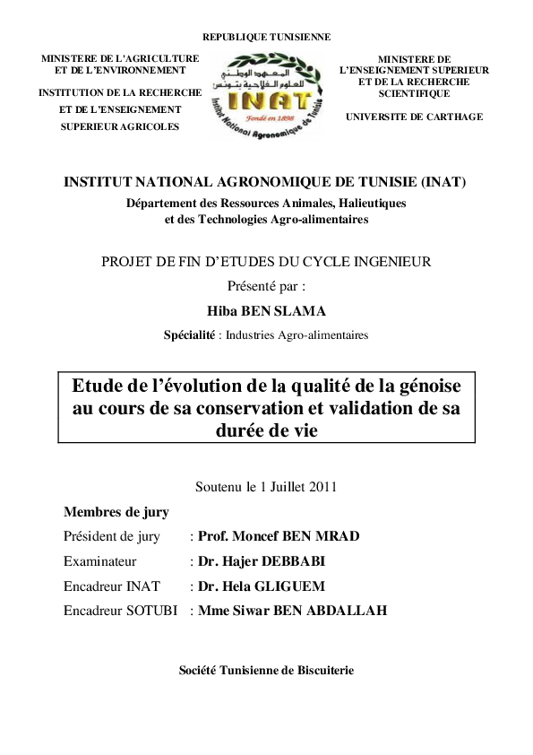 (PDF) INSTITUT NATIONAL AGRONOMIQUE DE TUNISIE (INAT) Département des