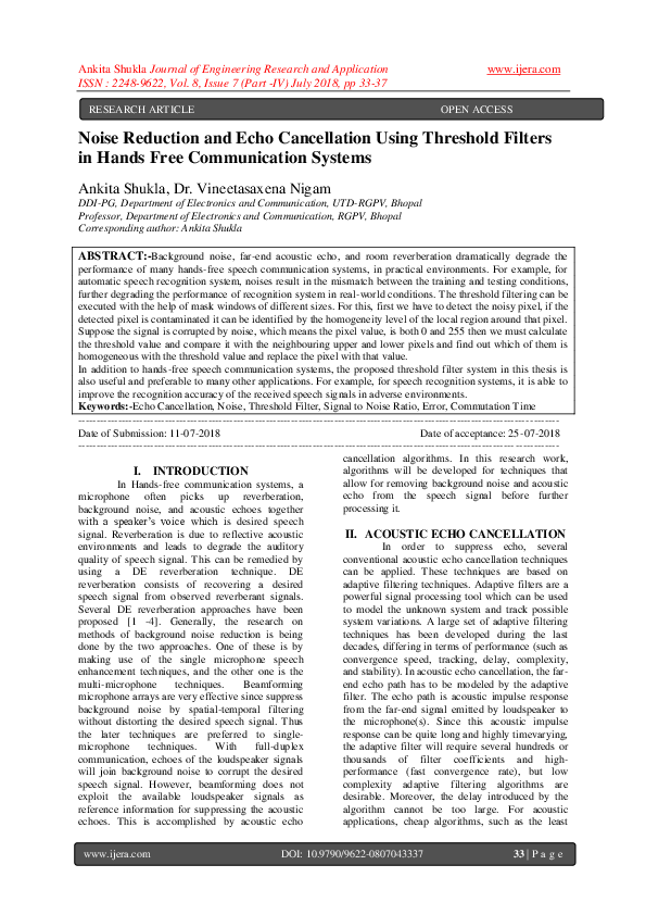 (PDF) Noise Reduction and Echo Cancellation Using Threshold Filters in ...