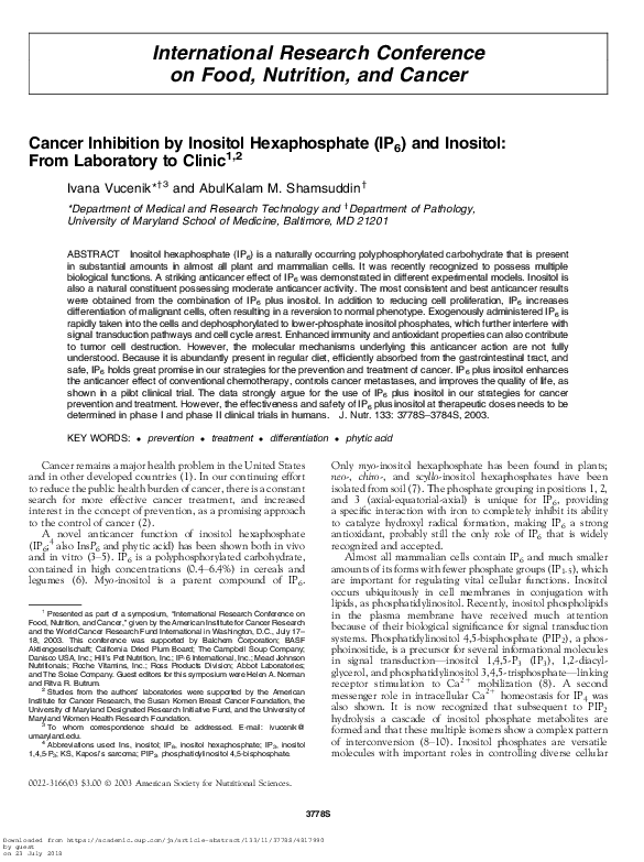 (PDF) Cancer Inhibition by Inositol Hexaphosphate (IP6) and Inositol