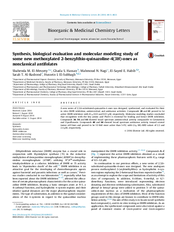 (PDF) Synthesis, biological evaluation and molecular modeling study of ...