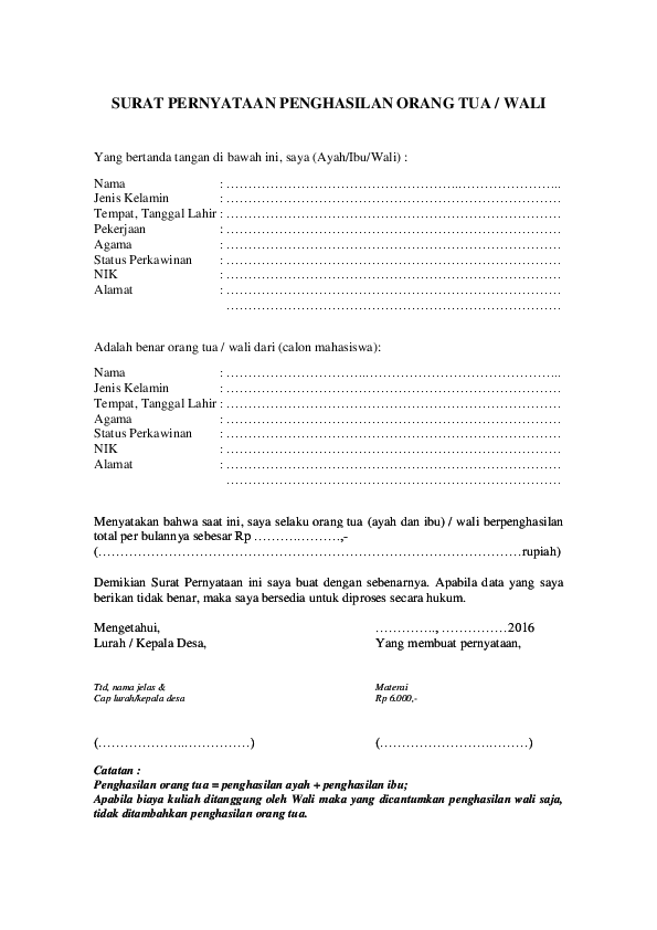 Contoh Surat Pernyataan Gaji Orang Tua Contoh Membuat