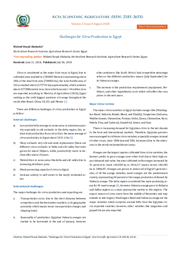 (PDF) Challenges for Citrus Production in Egypt DrWaleed Abobatta