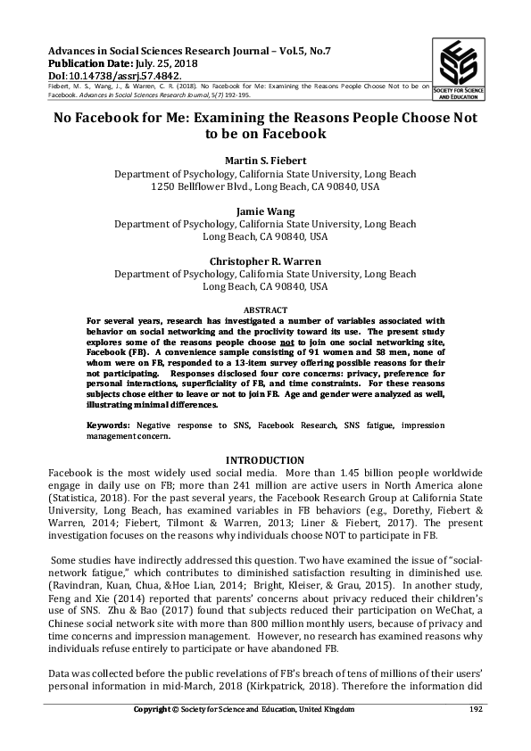 (PDF) No Facebook for Me: Examining the Reasons People Choose Not to be ...