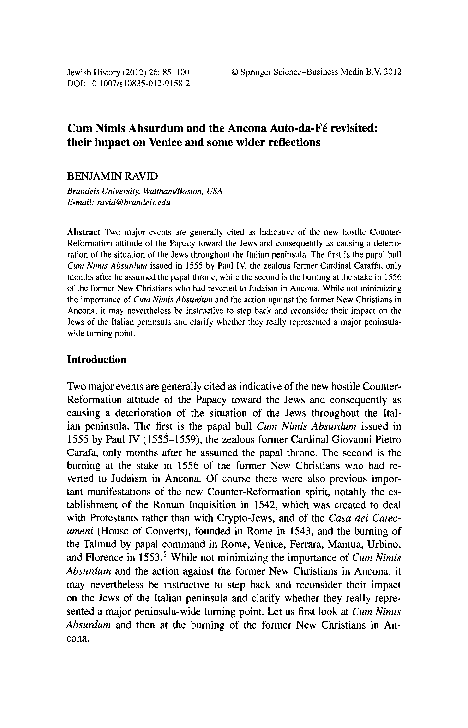 (PDF) Benjamin Ravid, “Cum Nimis Absurdum and the Ancona Auto-da-Fé ...