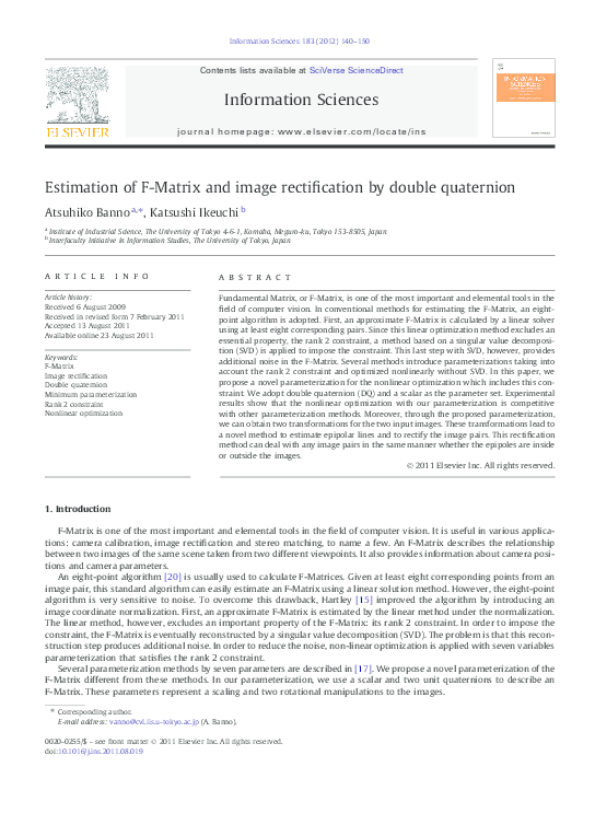 (PDF) Estimation of F-Matrix and image rectification by double quaternion