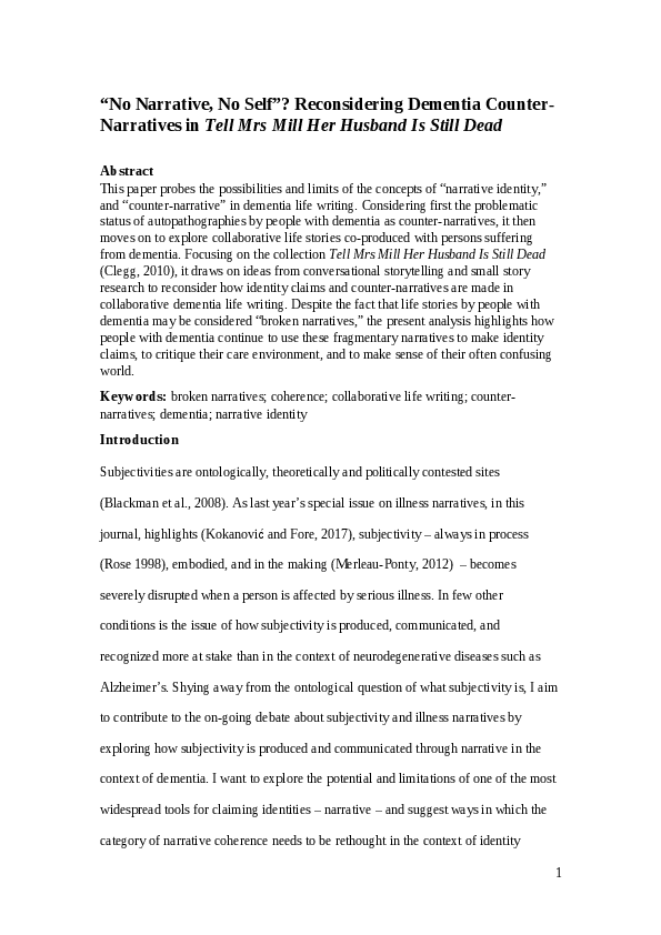 (PDF) " No Narrative, No Self " ? Reconsidering Dementia Counter