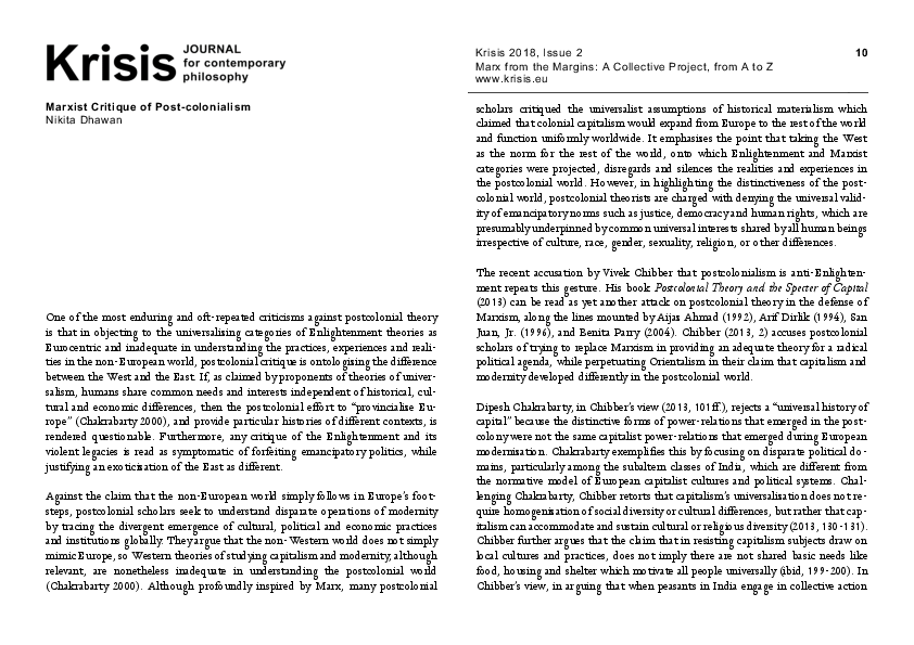 (PDF) "Marxist Critique of Postcolonialism". In Krisis. Journal for