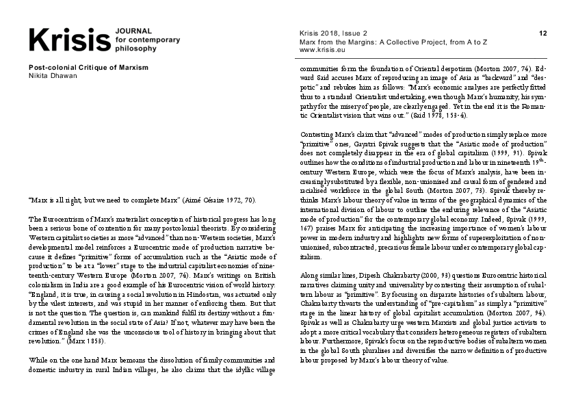 (PDF) "Postcolonial Critique of Marxism". In Krisis. Journal for