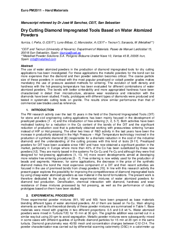 (PDF) Dry Cutting Diamond Impregnated Tools Based on Water Atomized