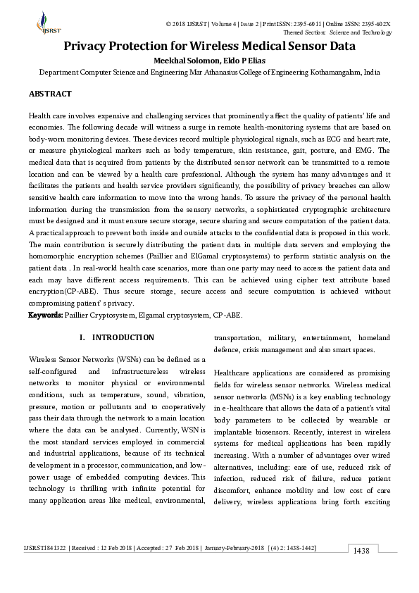 (PDF) Privacy Protection for Wireless Medical Sensor Data